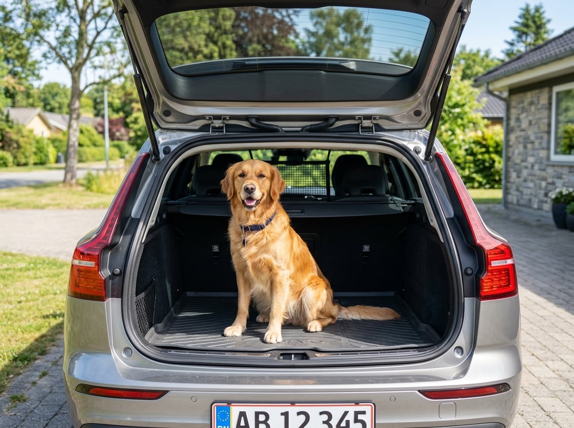 Hund i bagagerum på en bil